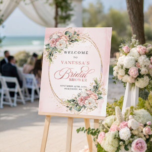 Poster Elegante Rosa Ouro Floral Chuveiro de Noiva Bem-Vi