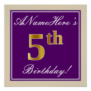 Pôster Elegante, Roxo, 5 Faux Dourado Aniversário + Nome