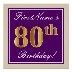 Pôster Elegante, Roxo, 80 Faux Dourado Aniversário + Nom