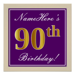 Pôster Elegante, Roxo, 90 Faux Dourado Aniversário + Nom