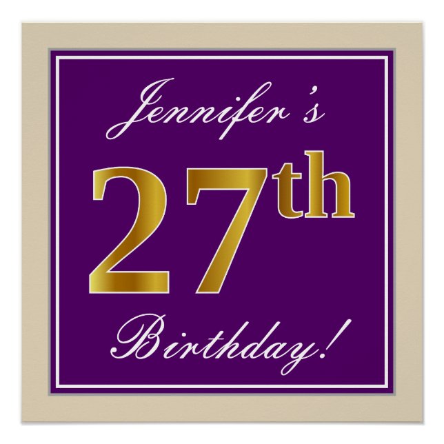 Pôster Elegante, Roxo, Dourado Falso Aniversário de 27 an (Frente)