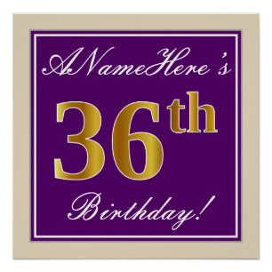 Pôster Elegante, Roxo, Falso Dourado Aniversário de 36 an