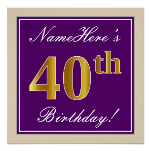 Pôster Elegante, Roxo, Faux Dourada aniversário de 40 an