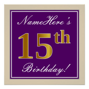 Pôster Elegante, Roxo, Faux Dourado 15 Aniversário + Nom