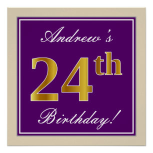 Pôster Elegante, Roxo, Faux Dourado 24º Aniversário + N