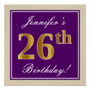 Pôster Elegante, Roxo, Faux Dourado 26º Aniversário + N