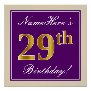 Pôster Elegante, Roxo, Faux Dourado 29 Aniversário + Nom