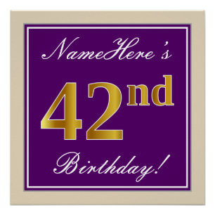 Pôster Elegante, Roxo, Faux Dourado 42º Aniversário + N