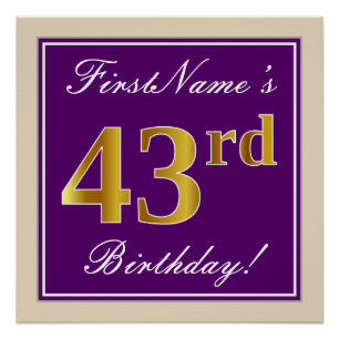 Pôster Elegante, Roxo, Faux Dourado 43º Aniversário + N