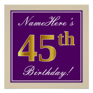 Pôster Elegante, Roxo, Faux Dourado 45º Aniversário + N