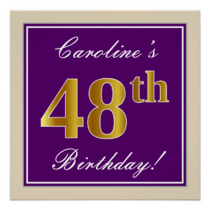 Pôster Elegante, Roxo, Faux Dourado 48º Aniversário + N
