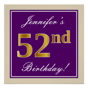 Pôster Elegante, Roxo, Faux Dourado 52º Aniversário + N