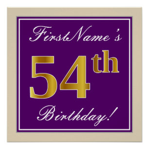 Pôster Elegante, Roxo, Faux Dourado 54º Aniversário + N