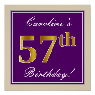 Pôster Elegante, Roxo, Faux Dourado 57º Aniversário + N
