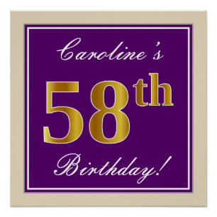 Pôster Elegante, Roxo, Faux Dourado 58º Aniversário + N