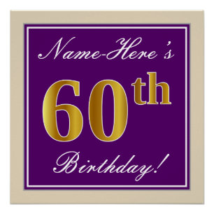 Pôster Elegante, Roxo, Faux Dourado 60º Aniversário + N