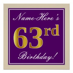 Pôster Elegante, Roxo, Faux Dourado 63º Aniversário + N