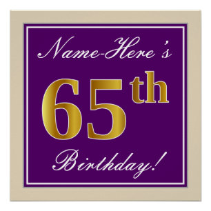Pôster Elegante, Roxo, Faux Dourado 65º Aniversário + N