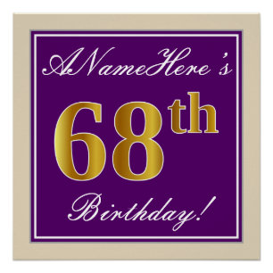 Pôster Elegante, Roxo, Faux Dourado 68. Aniversário + No