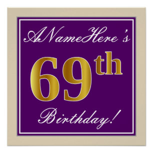 Pôster Elegante, Roxo, Faux Dourado 69 Aniversário + Nom