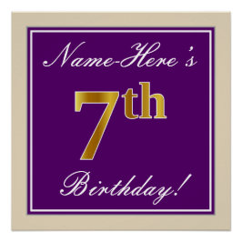 Pôster Elegante, Roxo, Faux Dourado 7 Aniversário + Nome