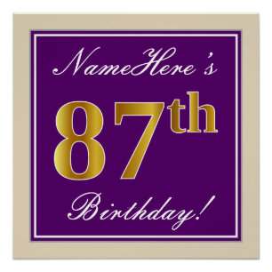 Pôster Elegante, Roxo, Faux Dourado 87º Aniversário + N