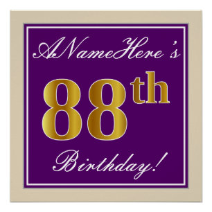 Pôster Elegante, Roxo, Faux Dourado 88. Aniversário + No