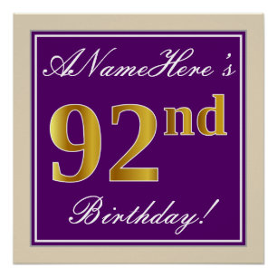Pôster Elegante, Roxo, Faux Dourado 92º Aniversário + N