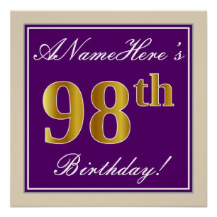 Pôster Elegante, Roxo, Faux Dourado 98. Aniversário + No
