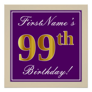 Pôster Elegante, Roxo, Faux Dourado 99º Aniversário + N