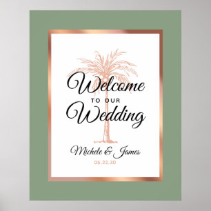 Poster Elegante Sage Green Rosa Dourado Palm Weding Bem-v