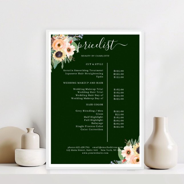 Poster Elegante Salão de Flores Verde  (Elegant Greenery Floral Salon Red Poster)