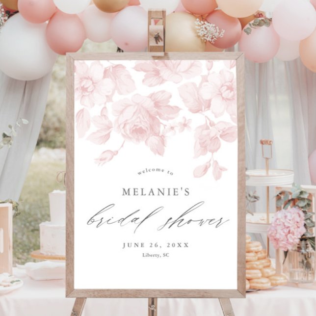 Poster Elegante Saudação de Chuveiro de Noiva em Rosa com (Elegant vintage floral bridal shower welcome sign.)