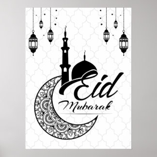 Poster Elegante saudações Eid Mubarak, preto e branco