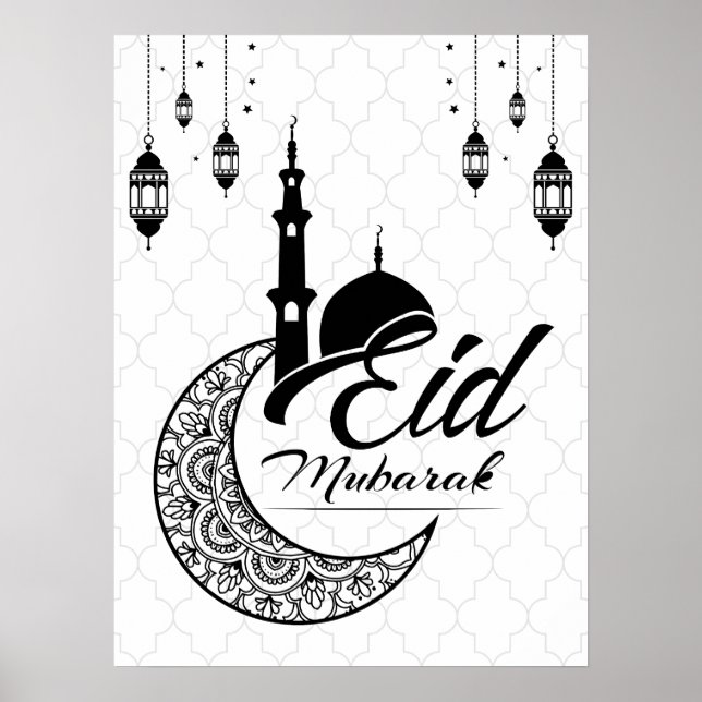 Poster Elegante saudações Eid Mubarak, preto e branco (Frente)