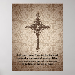 Pôster Elegante Scroll Christian Cross w/Swirl Fundo