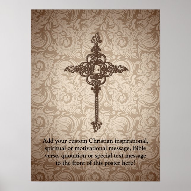Pôster Elegante Scroll Christian Cross w/Swirl Fundo (Frente)
