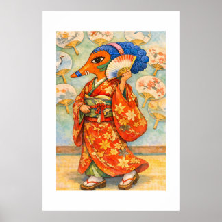 Poster Elegante Senhora Raposa em Quimono com Leque