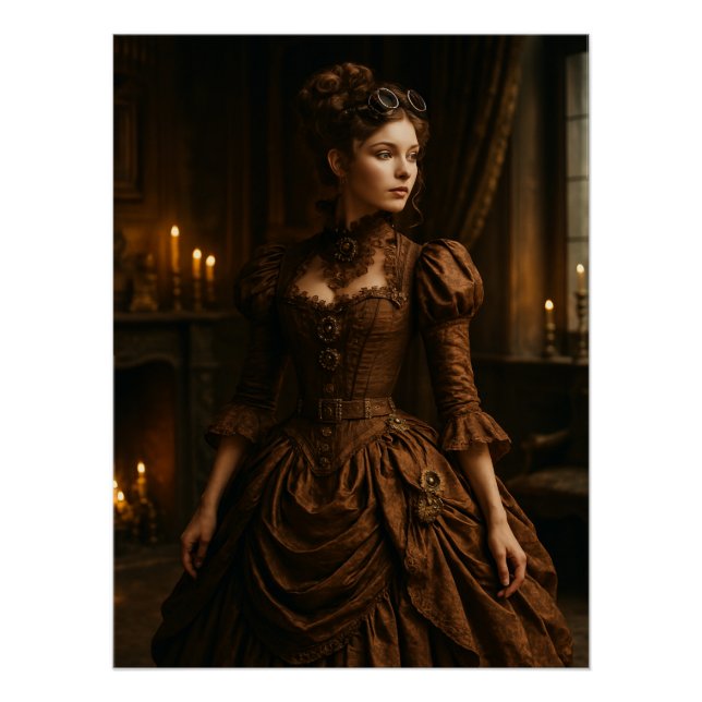 Pôster Elegante Senhora Vitoriana Steampunk em Marrom (Frente)