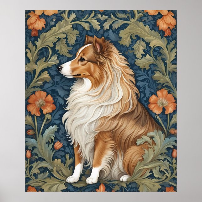 Poster Elegante Shetland Sheepdog William Morris Inspirou (Frente)