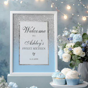 Poster Elegante Silver glitter ombre Blue Sweet 16 Boas-v