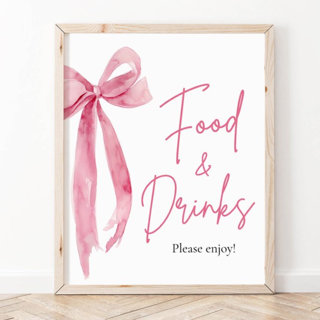 Poster Elegante Sinal de Comida e Arco Rosa Blush e Bebid (Elegant Modern Blush Pink Bow Food and Drinks Sign)