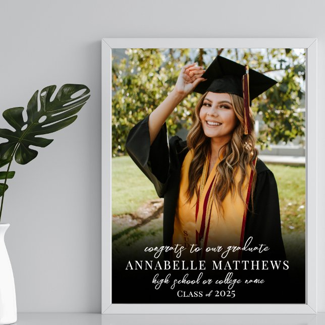 Poster Elegante - Sinal de Festa de formatura de Foto Bra (Elegant Black White Photo Graduation Party Sign)