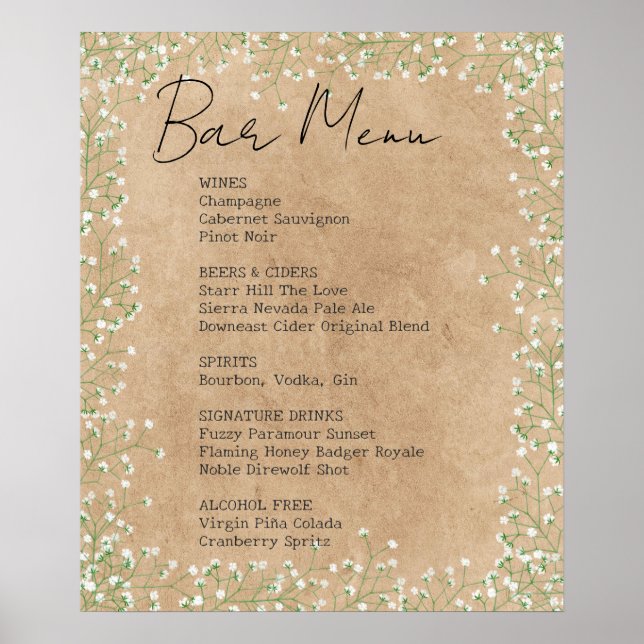 Poster Elegante Sinal de Menu de Barra de Noiva com Respi (Frente)