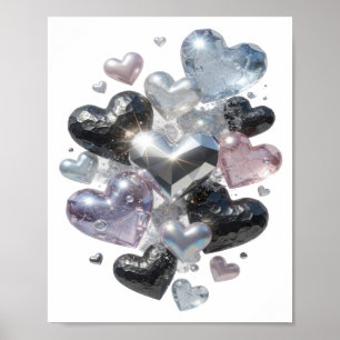 Poster Elegante Texto com CORAÇÕES E DIAMANTES em Prata