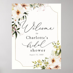 Poster Elegante Verde e Flores Brancas Boas-Vindas Nupcia