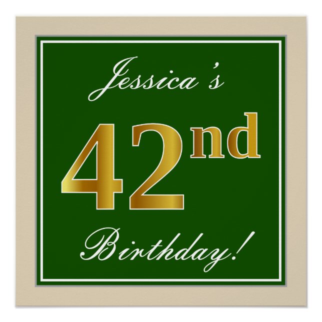 Pôster Elegante, Verde, Falso Dourado Aniversário de 42 a (Frente)