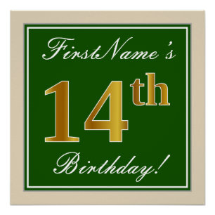 Pôster Elegante, Verde, Faux Dourada 14 Aniversário + Nom