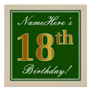 Pôster Elegante, Verde, Faux Dourado 18º Aniversário + No