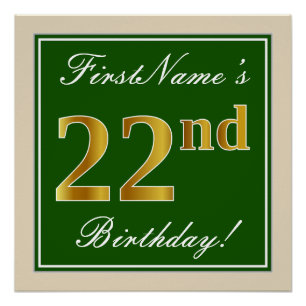 Pôster Elegante, Verde, Faux Dourado 22º Aniversário + 